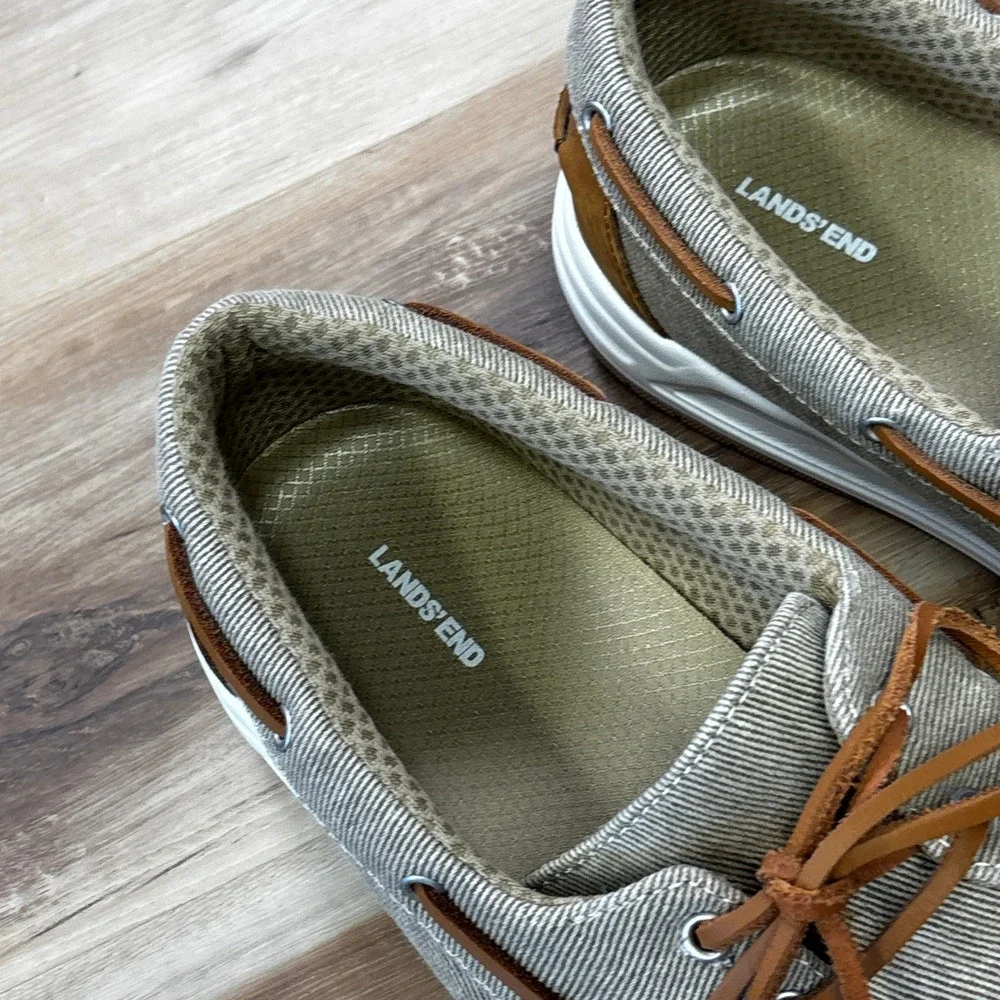 Lands End Boat Shoes Size 12D Canvas Deck Shoes Twill Casual Khaki Tan